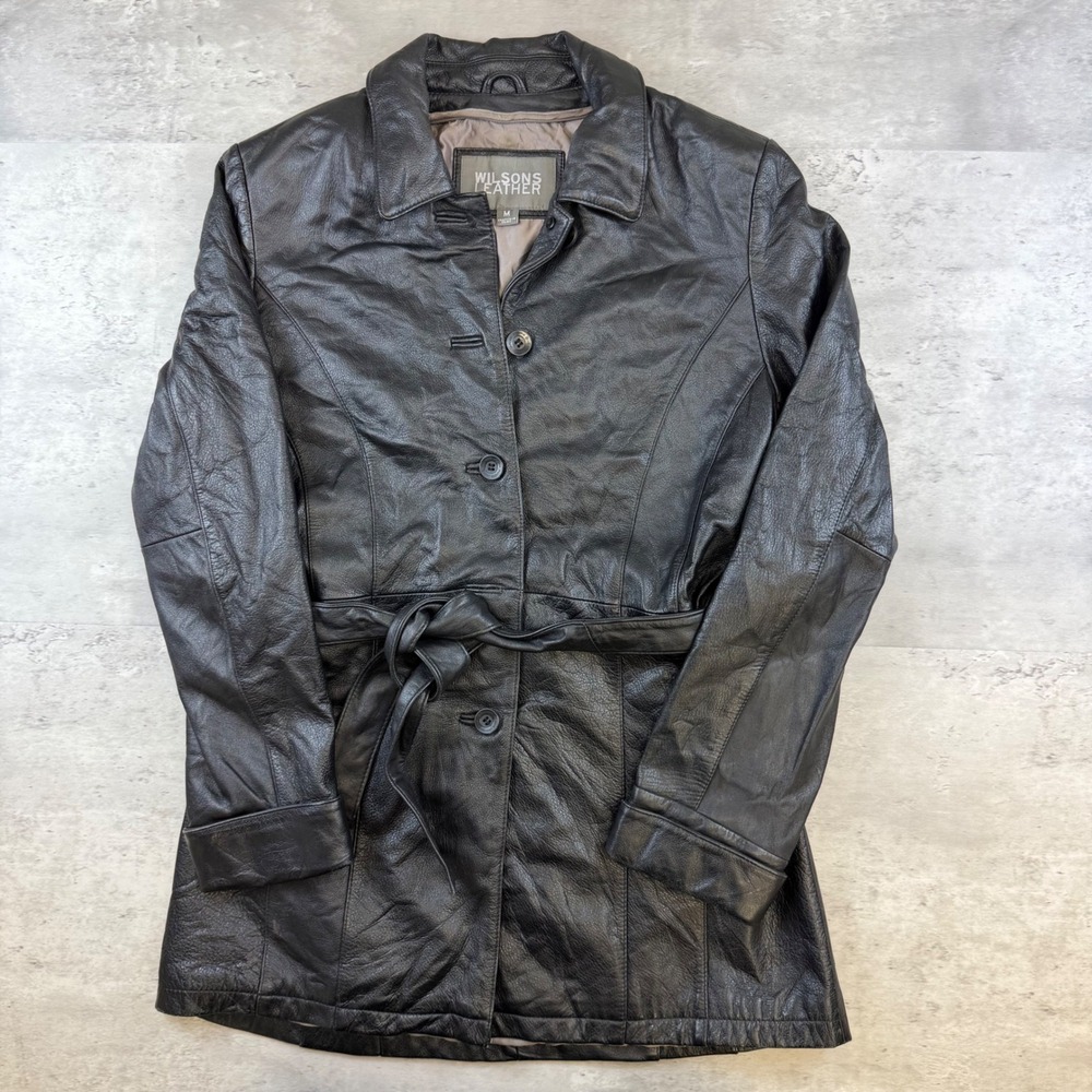 Wilsons Leather Womens Black Belted Leather Trench Jacket Coat Size M